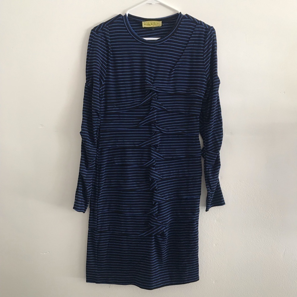 Nicole Miller studio one striped black blue long sleeve dress ruge front Sz L